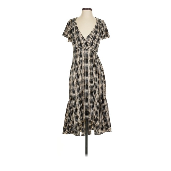 Urban Outfitters Dresses & Skirts - Urban Outfitters Black Cream Plaid Wrap Dress High Low Ruffle Midi Womens Medium